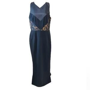 Theia Navy Blue Halter Neck Lace Gown Size 14